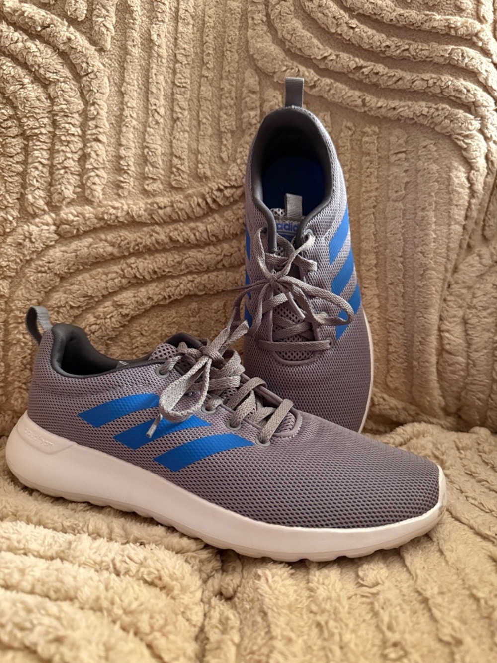 adidas Men’s Gray Athletic Sneakers with Blue Stripes